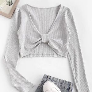 Marled rib knit bow long sleeve crop top